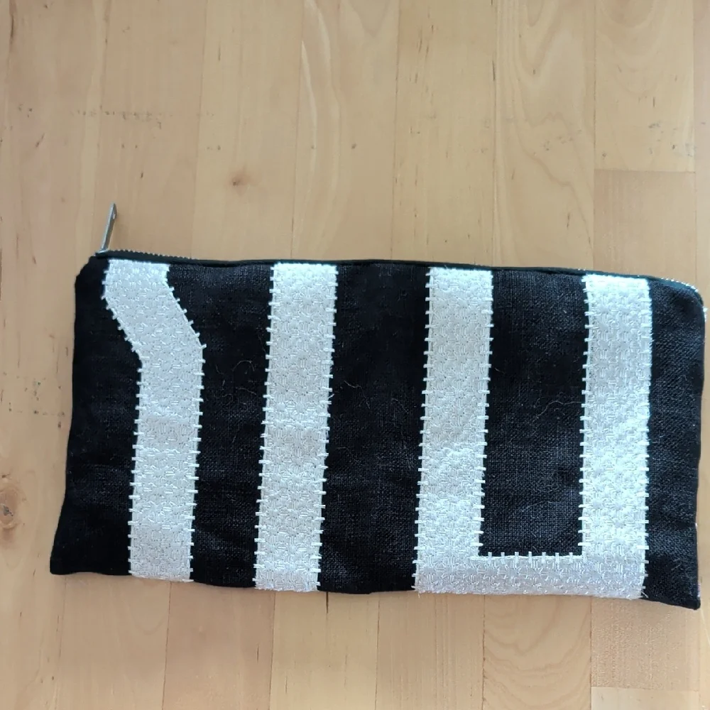 Handmade Ooak Black White Striped Zip Pouch For Toiletries Cosmetics Makeup Bag